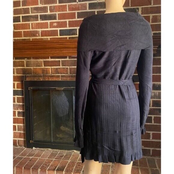 VERTIGO Cowl Neck Pleated Skirt Waist Tie Ribbed Knit Mini Dress Size M Black - Picture 5 of 16
